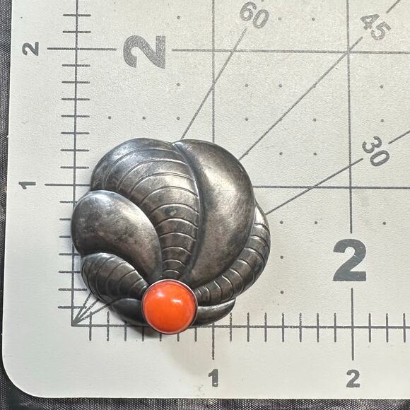 Rare Dinkelsbühl antique vintage German 935 silver red coral brooch pin - Picture 7 of 7